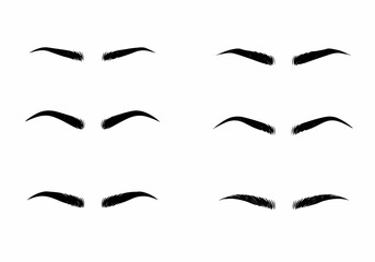 Diverse eyebrow shapes set, black graphic vector illustration on white background, showcasing various styles for beauty, fashion, and cosmetic design elements.