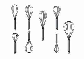 Collection of various kitchen whisks in different shapes and sizes, essential culinary tools for baking and cooking, isolated on a clean white background.