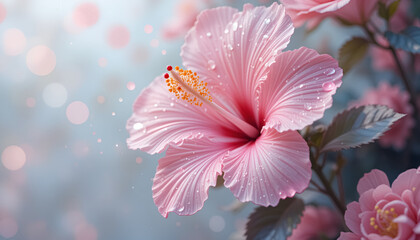 ai generator pink hibiscus flower with water drops in soft pastel tones for wedding invitation card design.