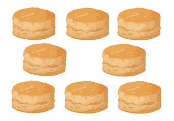 Collection of freshly baked golden biscuits or scones, perfect for breakfast or tea time snack illustrations on a white background.