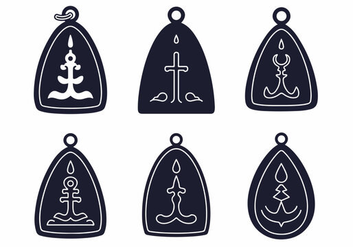 Set of six stylized anchor and cross design pendants, featuring nautical and spiritual symbols for graphic themes and decorative elements.