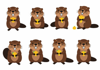 Collection of cute cartoon beavers holding yellow food items, isolated on white, perfect for children's designs and animal themes.