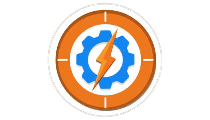 Blue Gear and Orange Lightning Bolt Icon symbol cogwheel isolated on a transparent background