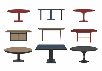 Collection of Modern and Classic Table Designs: A Vector Set of Furniture Icons Featuring Various Shapes, Bases, and Colors for Interior Design and Home Decor.