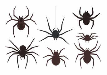 Collection of seven dark spider silhouettes in various poses, including one hanging from a thread, on a clean white background, ideal for Halloween and creepy themes.