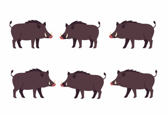 Collection of Six Wild Boars Illustrations in Flat Vector Style on White Background for Wildlife and Nature Designs