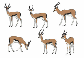 Set of hand-drawn gazelle illustrations in various poses, featuring graceful African antelope characters for wildlife, safari, and nature themes on white background.