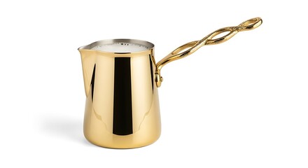 Polished copper turkish coffee pot with ornate twisted handle for brewing authentic turkish coffee.