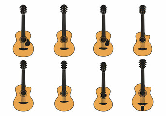 Collection of 8 minimalist vector acoustic guitars with various designs, perfect for music-themed illustrations and graphic design projects, isolated on white background.