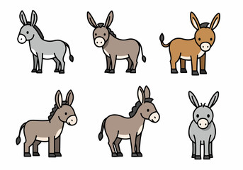 Cute cartoon donkeys in various poses and colors, perfect for children's designs and animal-themed projects, isolated on a white background.