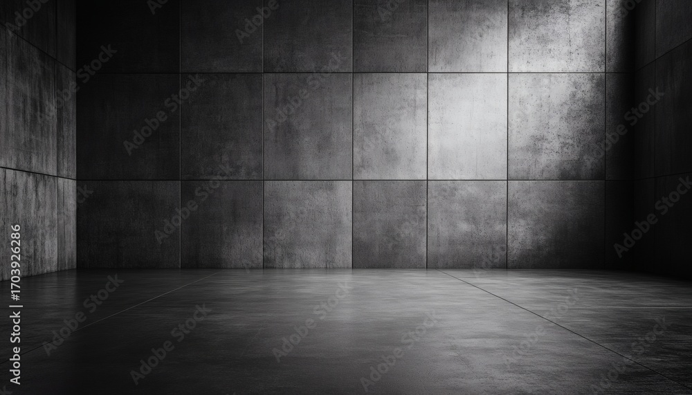 Poster the image shows a dark room with square tiles on both the walls and floor, illuminated by a light so