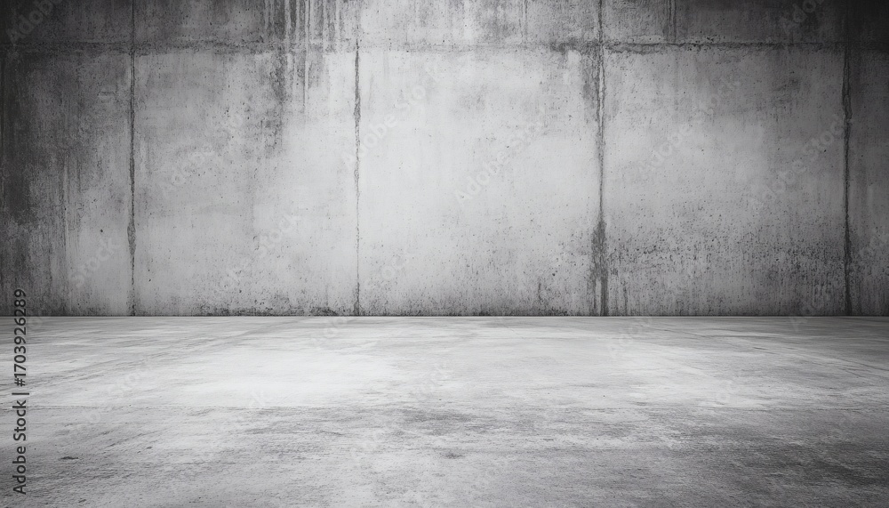 Poster the image shows a wide shot of an empty room with a concrete floor and wall, both exhibiting a rough