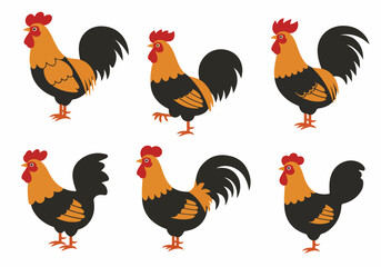 Six stylized roosters illustration in black and orange with red combs, showcasing various standing poses on a clean white background, perfect for farm themes.