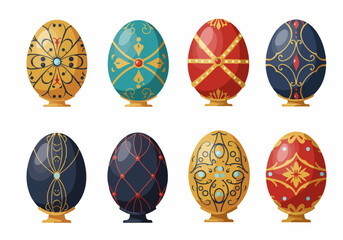 Elegant collection of ornate, jewel-decorated eggs on stands, featuring rich gold, red, blue, and teal designs.