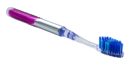 Bright blue toothbrush with purple and silver handle