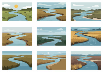 A collection of stylized vector illustrations depicting winding rivers flowing through diverse natural landscapes, including green fields, marshes, and wetlands, under various skies.