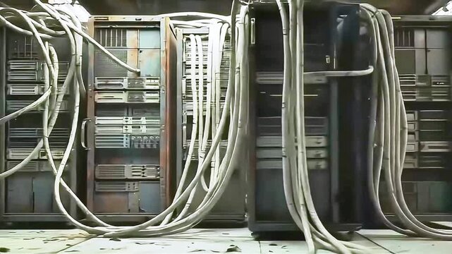 Deteriorated Server Rack with Disorganized Cables in Data Center