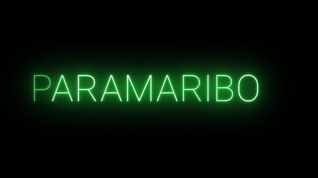 Flickering neon green Paramaribo sign animated on black background.
