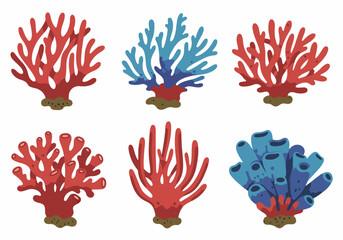 Vibrant underwater life illustration set featuring diverse red corals, blue branching corals, and marine sponges, perfect for oceanic and aquatic themes.
