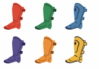 Colorful Sports Shin Guards Collection: A vibrant set of protective gear for various athletic activities, featuring red, green, blue, purple, orange, and yellow designs.