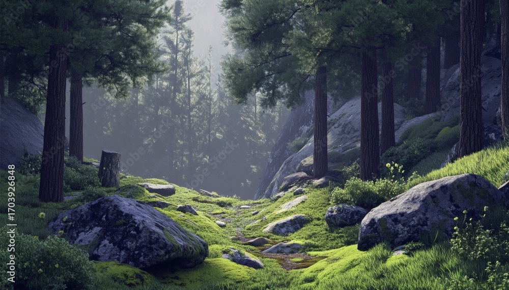 Poster a tranquil forest scene is depicted, showing a path winding through moss-covered rocks and tall tree