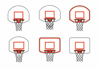 Vector set of diverse basketball backboards and hoops with nets, featuring various shapes and designs, isolated on a clean white background. © Nafa Project
