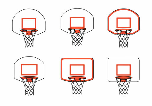 Vector set of diverse basketball backboards and hoops with nets, featuring various shapes and designs, isolated on a clean white background.