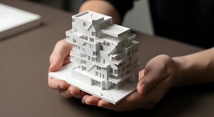 A person holds a detailed architectural model of a multi-story building. The model is white and showcases various design elements and textures.