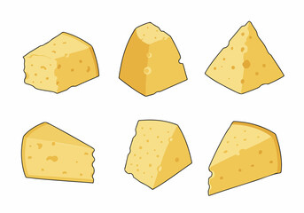 Cartoon Cheese Pieces Collection - Yellow Blocks and Wedges with Holes on White Background - Dairy Product Vector Illustration