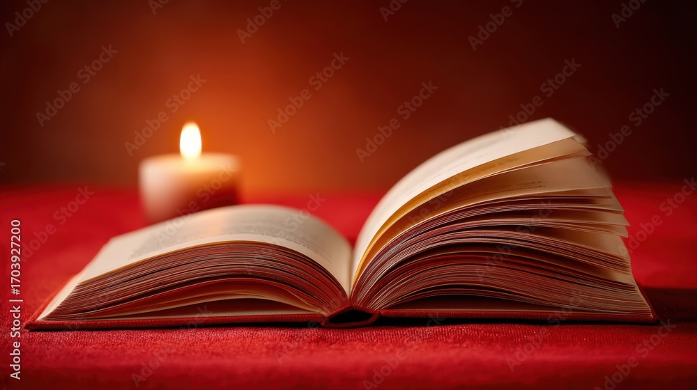 Poster an open book rests on a vibrant red cloth, illuminated by a flickering candle nearby, creating a war