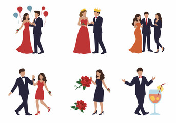Flat design illustrations depicting prom night, formal events, and elegant couples celebrating with balloons, corsages, and royal crowns. © Nafa Project