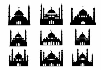 Set of diverse black mosque silhouettes featuring domes and minarets, perfect for Islamic religious events, cultural designs, and Ramadan celebrations on a white background.