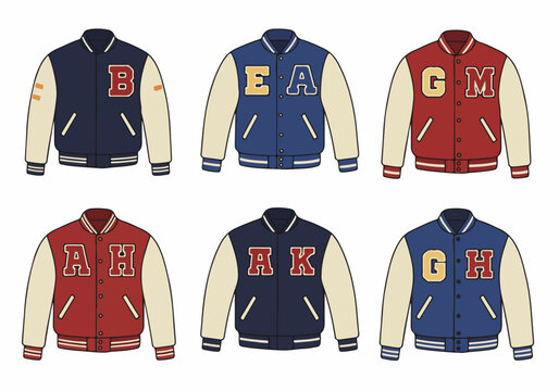 Collection of six classic American varsity jackets in blue and red, featuring bold collegiate letters, perfect for sports, school, and retro fashion themes.