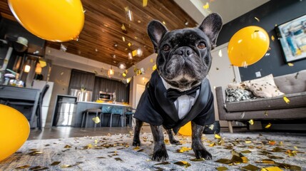 A dog in a tuxedo amidst confetti and balloons.