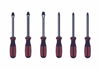 Naklejka premium Set of various screwdrivers, including flathead and Phillips head, essential hand tools for repair, construction, and DIY projects, isolated on a white background.