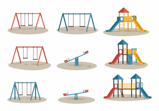 Collection of colorful playground equipment, featuring various swings, slides, and seesaws, rendered in a flat vector illustration style on a white background.