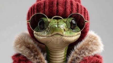 A turtle showcases its unique style in a red knit sweater with a fur collar and round sunglasses. The indoor setting highlights its fashionable look and charming personality.