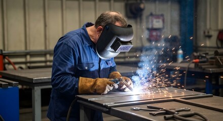 A middle-aged Caucasian man wearing a welding helmet and gloves works on metal fabrication. Sparks fly as he welds in a workshop environment.