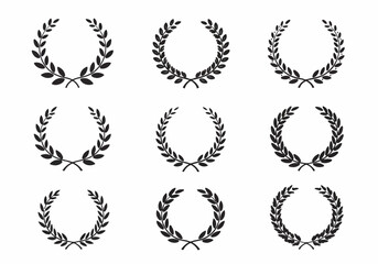 Collection of nine distinct black laurel wreath vector icons on a clean white background, symbolizing victory, achievement, and honor.