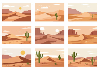 Collection of Flat Design Desert Landscapes with Sand Dunes, Cacti, and Mountains for Nature Backgrounds