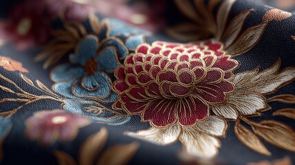 Close-up of Floral Embroidery on Dark Fabric with Intricate Details