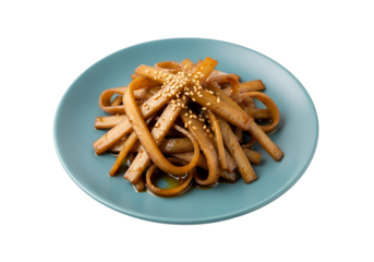 A plate of savory, sauteed strips of vegetables, glistening with a light glaze, and topped with toasted sesame seeds.
