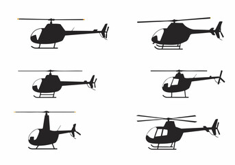 Set of Black Helicopter Silhouettes: Diverse Designs for Air Transport, Emergency Services, and Aerial Surveillance