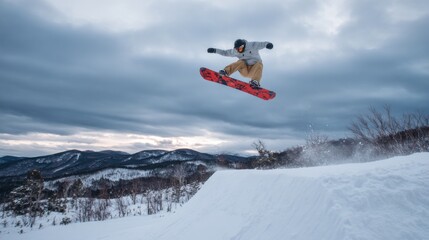 A snowboarder performs an impressive jump off a snow ramp against a backdrop of a cloudy mountain landscape. The winter scene captures the thrill of the sport.