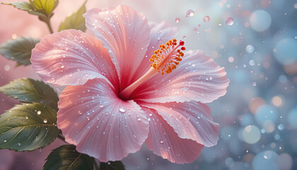ai generator pink hibiscus flower with water drops in soft pastel tones for wedding invitation card design.