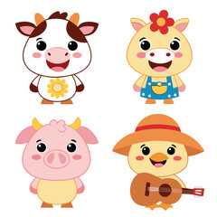 Fototapeta premium A funny set of cute baby animal characters, including a cow, pig, bear, and dog, is a fun illustration for a child's safari or farm animal collection