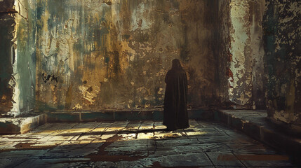 A solitary figure in a weathered chamber stands bathed in light, evoking a sense of mystery and introspection within the ancient, textured space