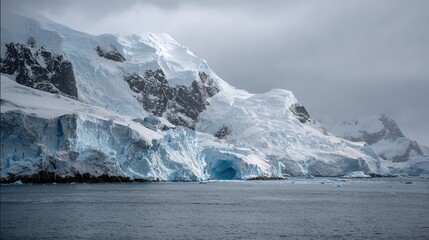 A vast Antarctic glacier with a massive, geometric blue void in the ice, under a troubled, melancholic sky.