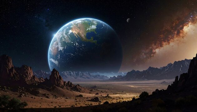 A breathtaking vista of Earth viewed from an alien landscape, with mountains in the foreground. The vibrant planet dominates