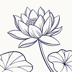 Minimalist Hand-Drawn Lotus Blossom and Leaves Vector Art, Evoking Purity and Tranquility